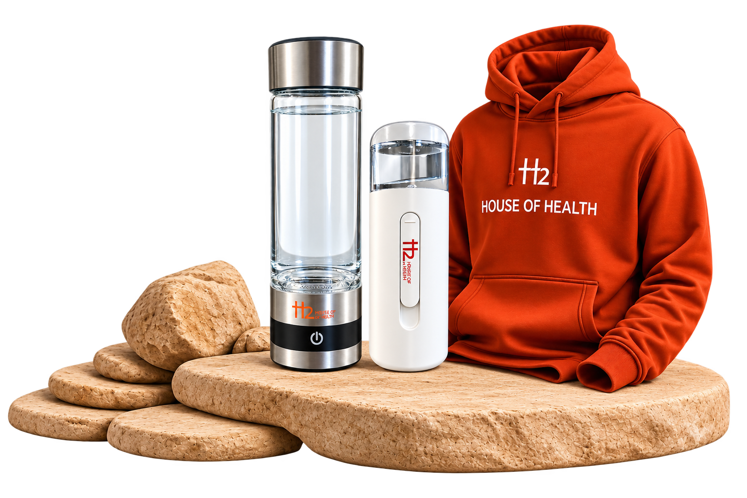 Hydrogen bottle, hydrogen mist, hoodie, and layered stone platforms